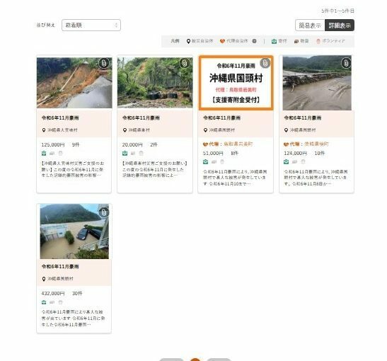 ウェブサイト「ふるさとチョイス災害支援」のページに掲載された支援先一覧