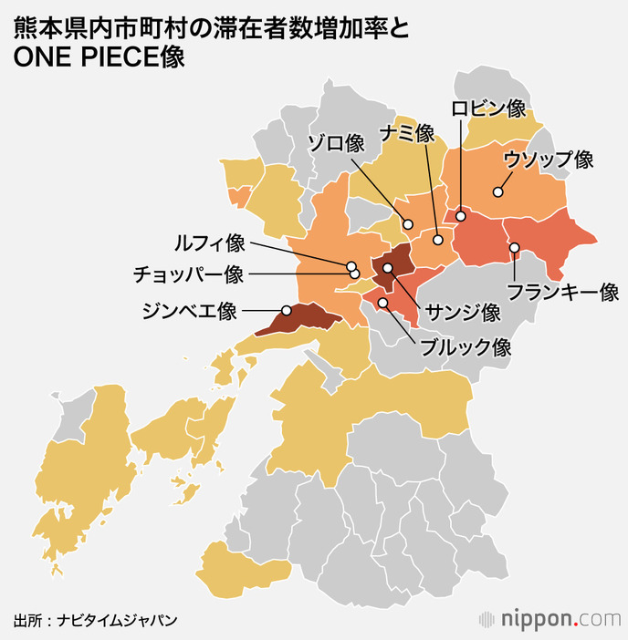 熊本県内市町村の滞在者数増加率とONE PIECE像　出所：ナビタイムジャパン