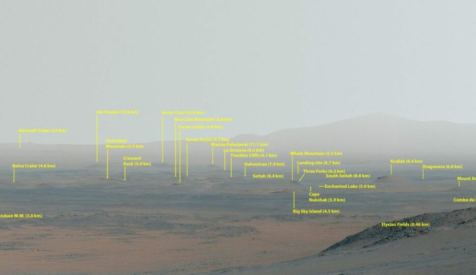 NASAの火星探査車「Perseverance」のカメラ「Mastcam-Z」で撮影されたジェゼロ・クレーターの注釈付きパノラマの一部を拡大したもの（色は強調されている）。中央右の着陸地点