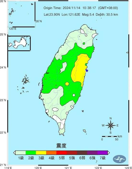 震度分布図（中央気象署提供）