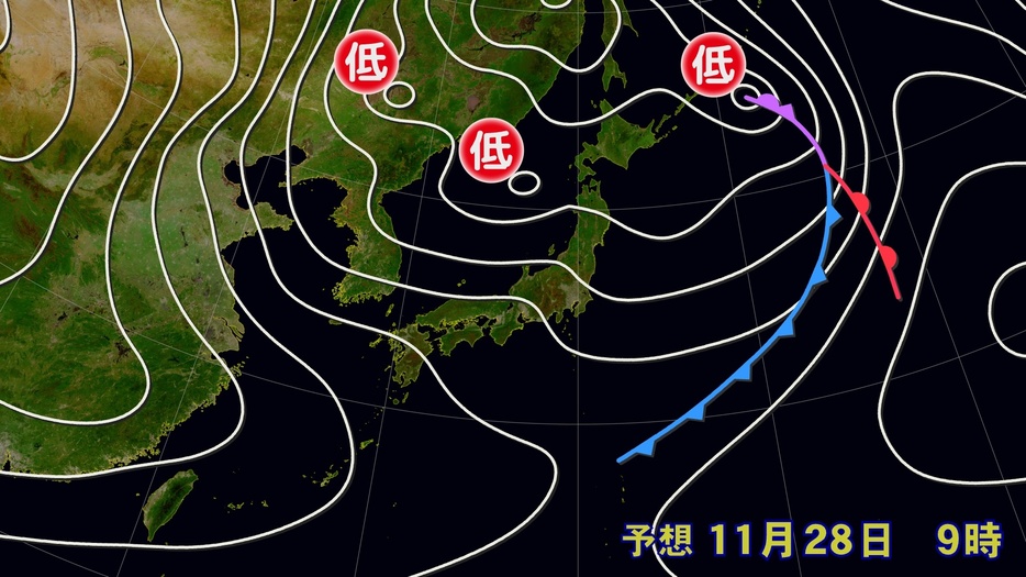 28日(木)午前9時の予想天気図