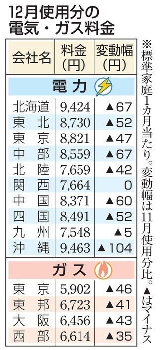 12月使用分の電気・ガス料金