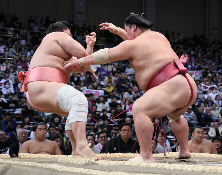 大相撲九州場所初日。大栄翔（右）は突き倒しで宇良を下す＝１０日、福岡国際センター