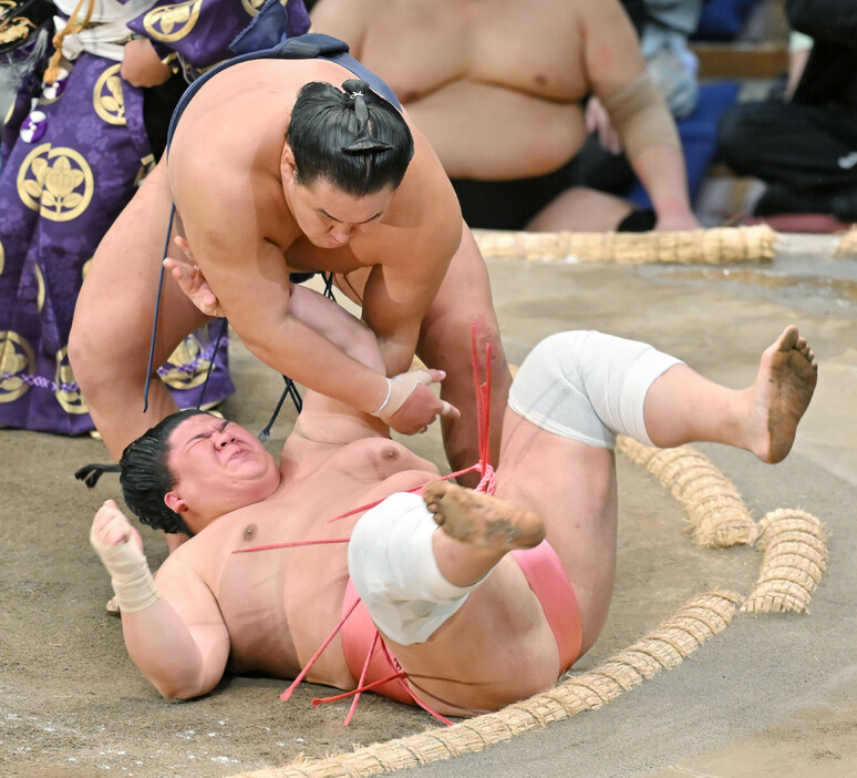 大相撲九州場所４日目。豊昇龍（上）は上手投げで宇良を下す＝１３日、福岡国際センター