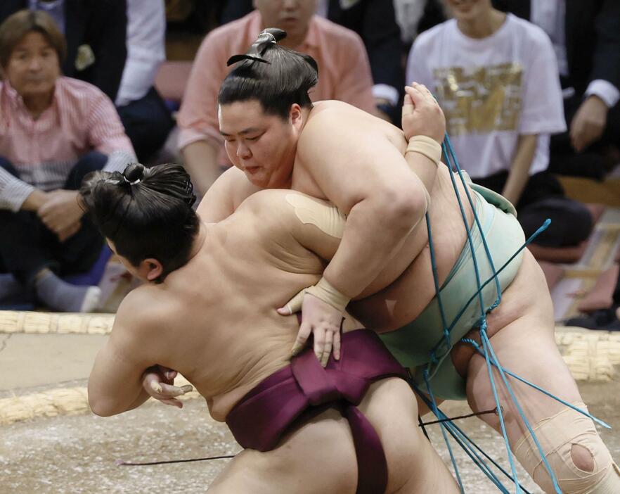 平戸海（左）を攻める琴桜。寄り切りで下す＝福岡国際センター