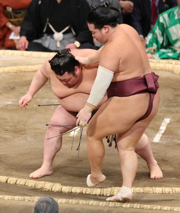 ＜九州場所6日目＞押し出しで錦富士（右）を破る武将山（撮影・成瀬　徹）　　　