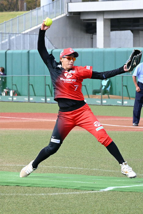 戸田中央戦で力投するビックカメラ高崎の上野＝１０日、神奈川・等々力球場