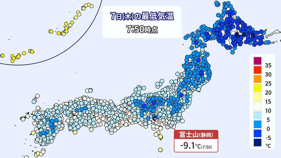 7日(木)午前7時50分までの最低気温