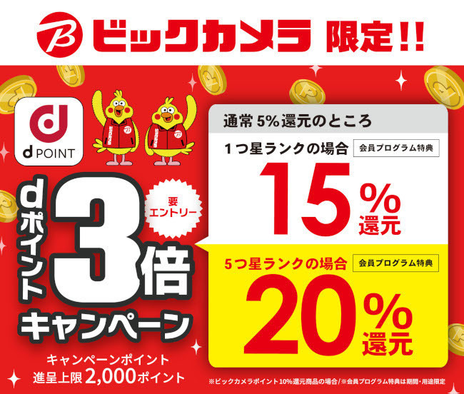 ビックカメラ、買い物時に最大15％分のdポイントが付与されるキャンペーンをAir BICを含む全店舗で開催