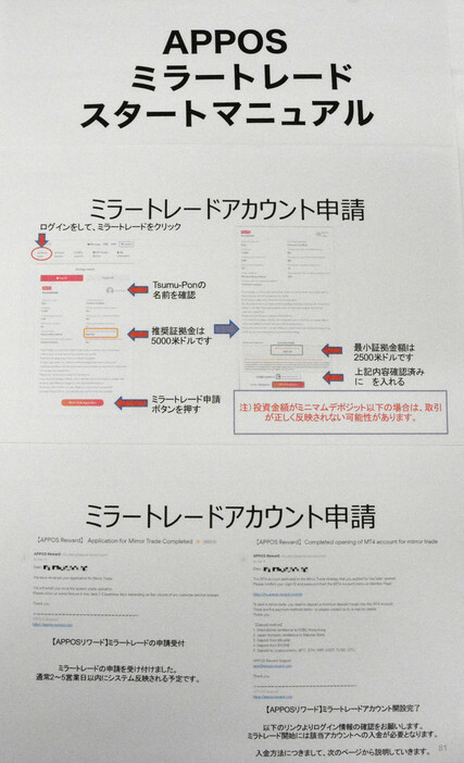 警視庁が押収した「ミラートレード」の勧誘資料＝１２日午前、東京都千代田区