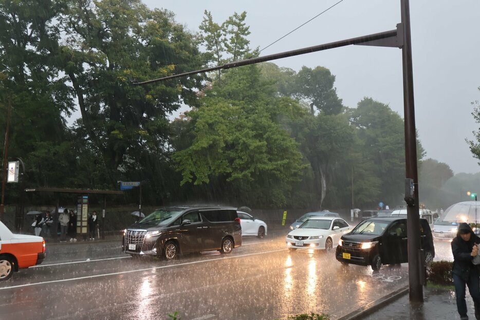 強い雨が降る京都御苑前（11月2日午後1時10分ごろ、京都市中京区）