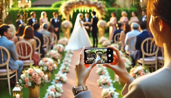 結婚式でｉＰｈｏｎｅを利用して写真を撮影する様子。［イラスト　ＣｈａｔＧＰＴ］