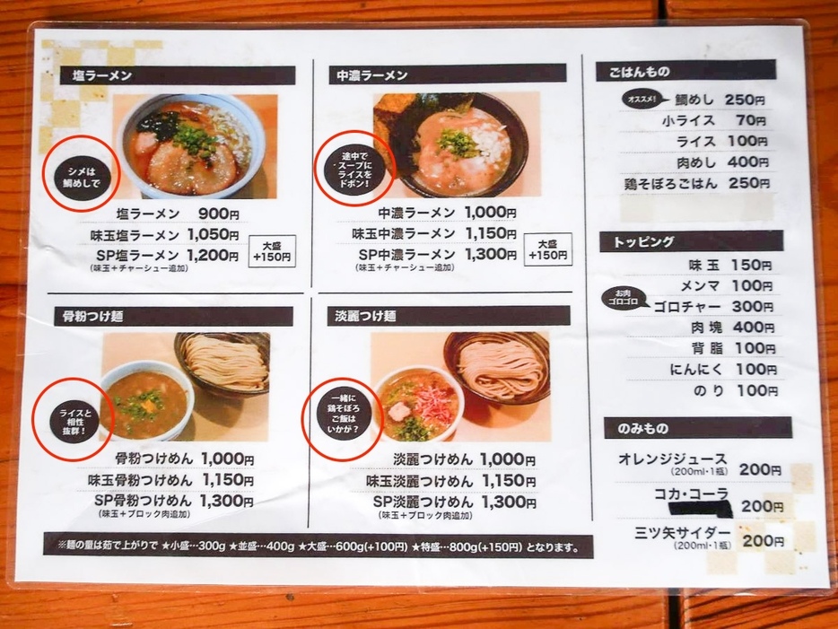 “ご飯と一緒に食べてもらうラーメン”をコンセプトにしているので、各メニューに合わせたいご飯がしっかり明記してある（赤丸部分を参照）