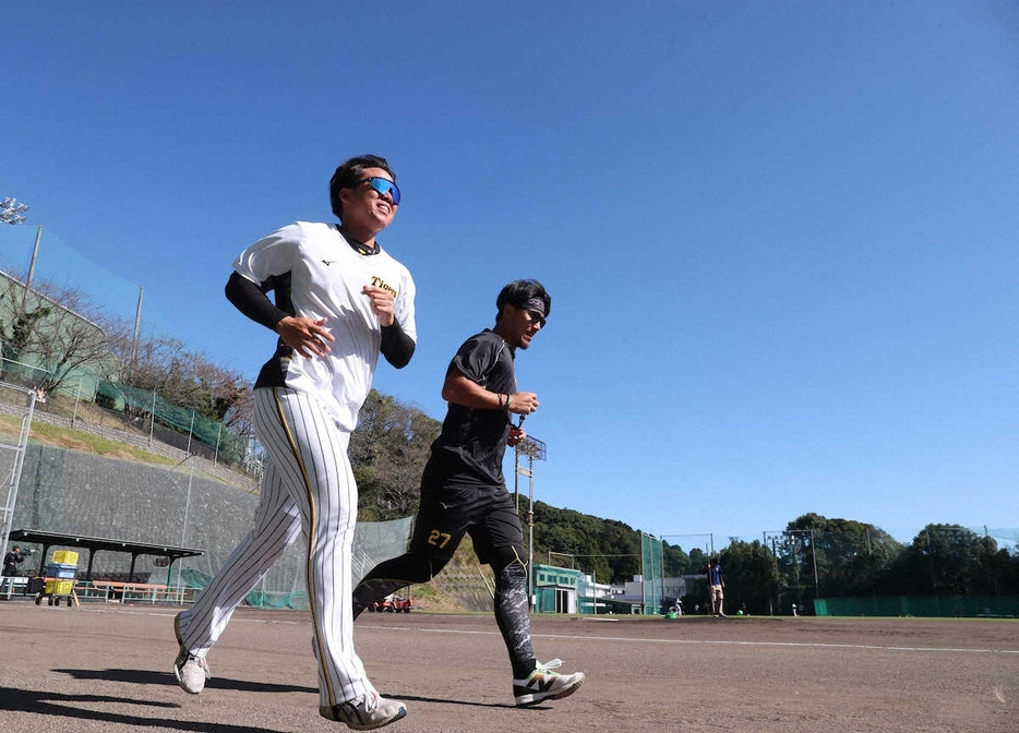 青空の下走り込む阪神・村上（左）と伊藤将（撮影・大森　寛明）