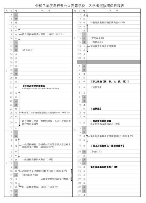 2025年度（令和7年度）島根県公立高等学校 入学者選抜関係日程表