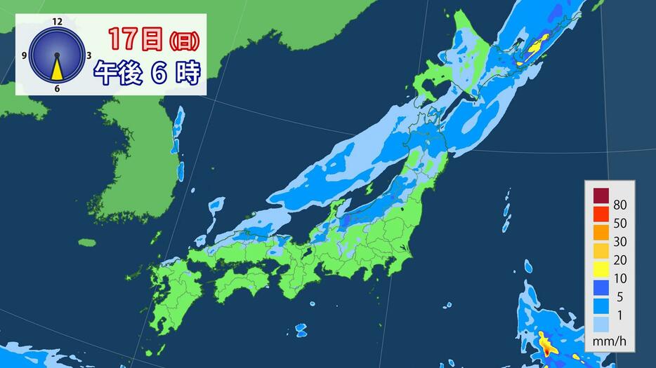 17日(日)午後6時の雨の予想