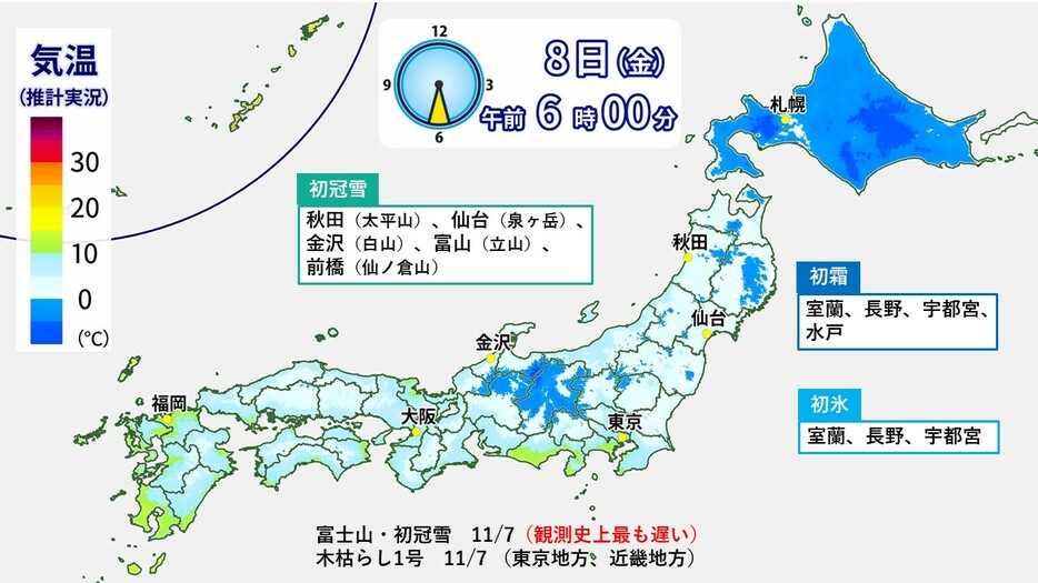 8日（金）に観測された初霜、初氷、初冠雪