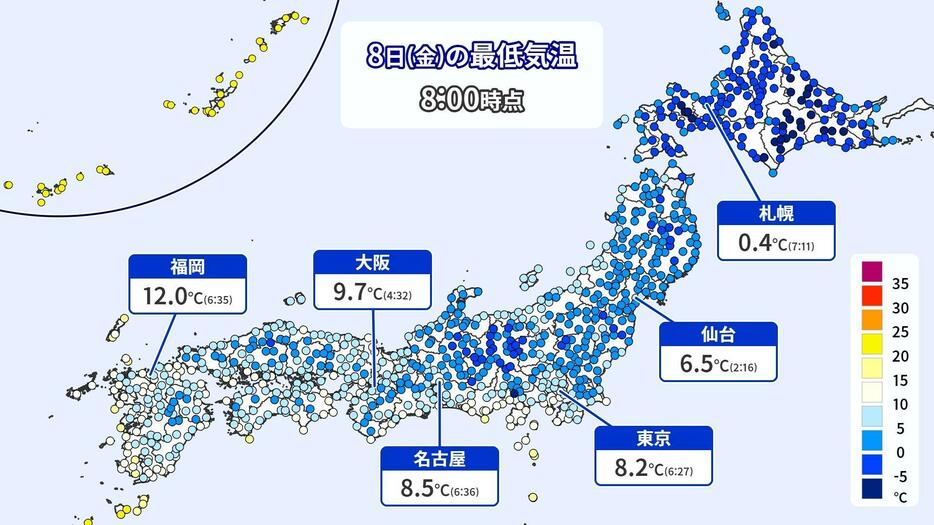 8日(金)朝のアメダス最低気温