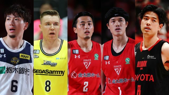 Bリーグで活躍する左から比江島慎選手、ジョシュ・ホーキンソン選手、富樫勇樹選手、渡邊雄太選手、吉井裕鷹選手(写真：アフロ)(写真：森田直樹/アフロスポーツ)