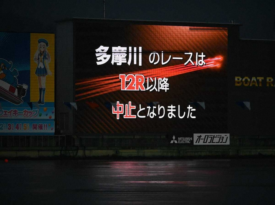 ボートレース多摩川の大型映像装置に映し出された3日目12R中止のお知らせ