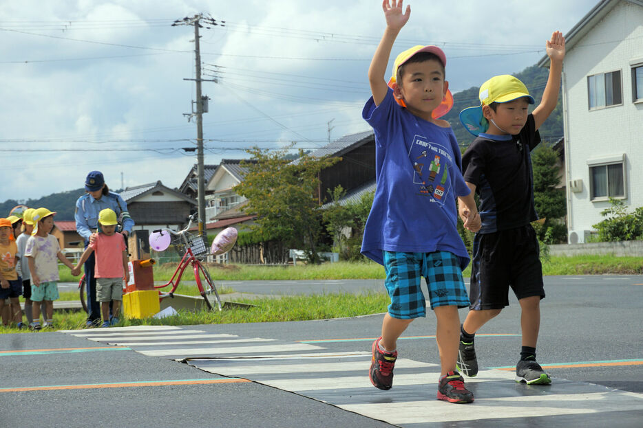 前後左右の安全を確かめた後、横断歩道を渡る園児ら（与謝野町弓木・岩滝自動車教習所）