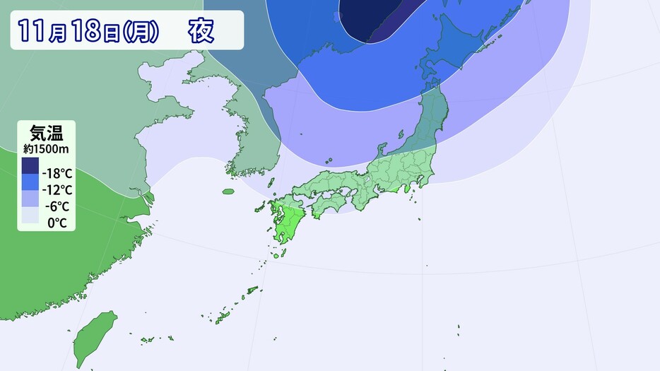 18日(月)夜の上空の寒気の予想