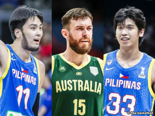 オーストラリア代表のニック・ケイとフィリピン代表のカイ・ソット、カール・タマヨ［写真］＝fiba.basketball