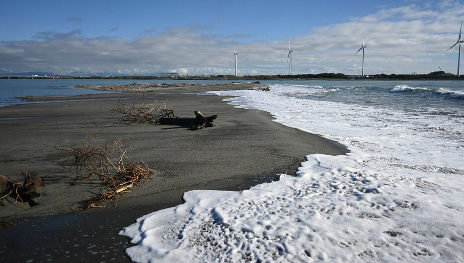 浜松市側から見た現在の天竜川河口砂州＝21日午前、浜松市中央区