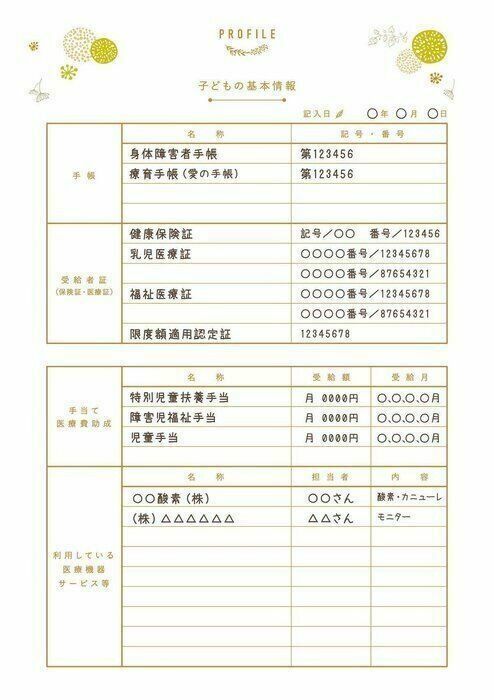 身体障害者手帳の番号などを記録するページ