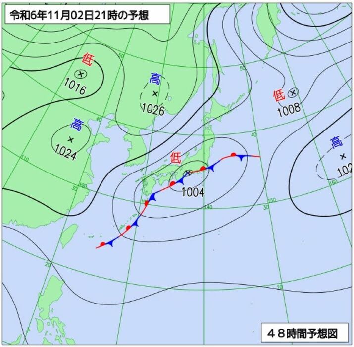 2日午後9時の予想天気図（気象庁HPから）