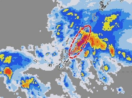 9日午前3時に発生した線状降水帯（赤丸部分）