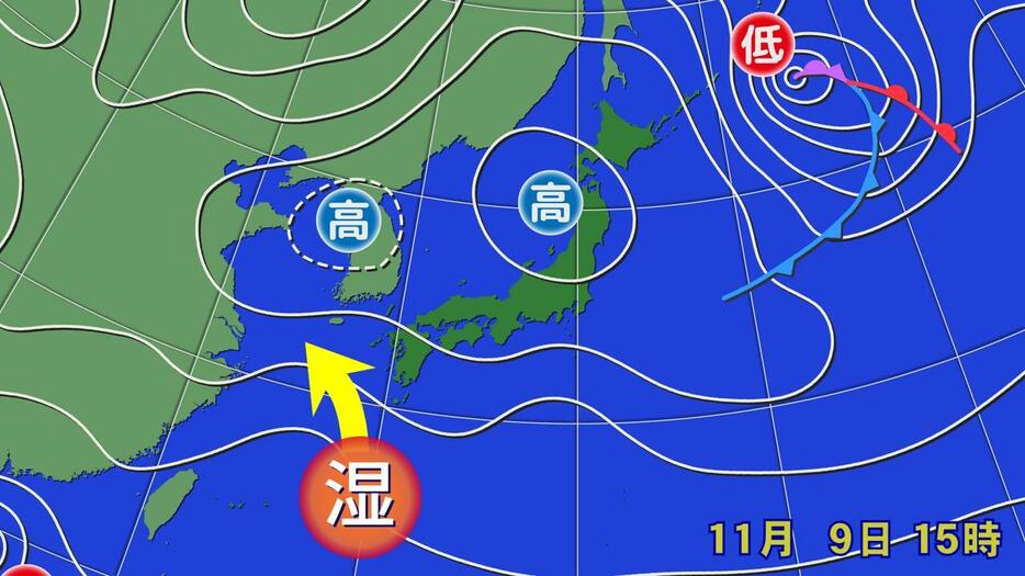 実況天気図(9日(土)午後3時)