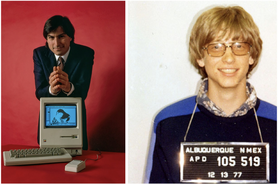 左：1984年にMacintoshを発表するスティーブ・ジョブズ出典：Steve Jobs and Macintosh computer， January 1984， by Bernard Gotfryd.tif is licensed under PDM 1.0右：1977年に撮影されたビル・ゲイツ出典：Bill Gates mugshot.png is licensed under PDM 1.0