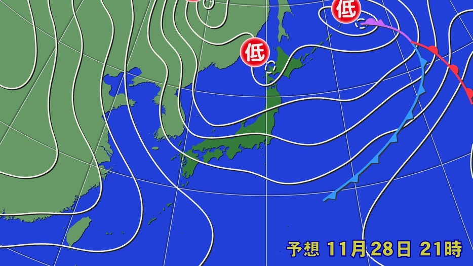 28日(木)午後9時の予想天気図