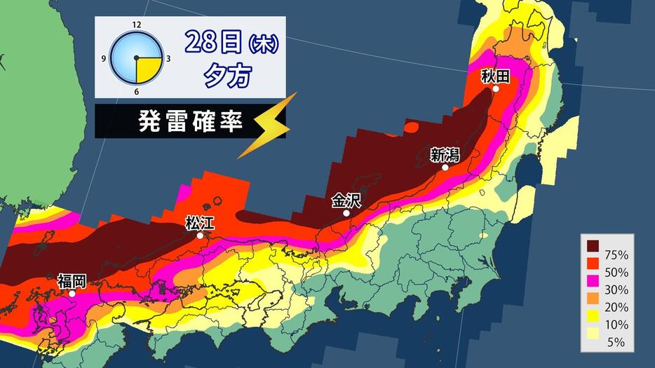 28日(木)夕方の発雷確率