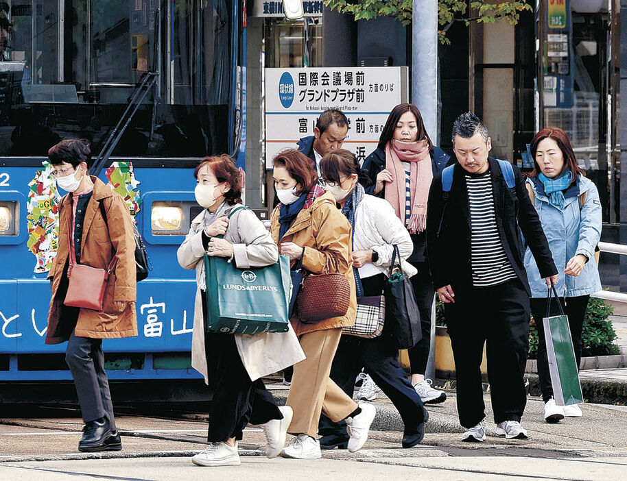 コートやマフラーに身を包み歩く人＝富山駅前