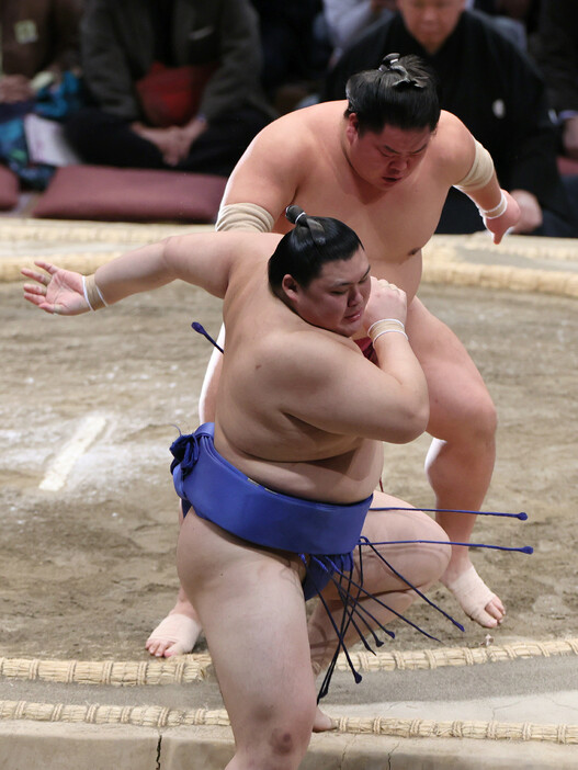 大相撲九州場所１０日目。大栄翔（奥）は大の里を寄り切りで破る＝１９日、福岡国際センター