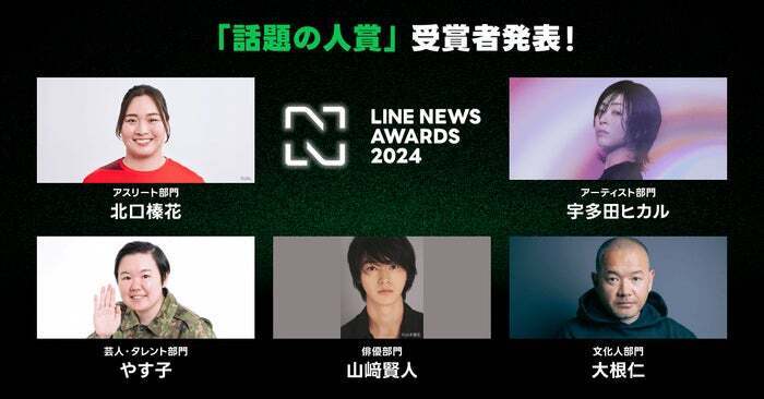 「LINE NEWS AWARDS 2024」話題の人賞受賞者（上段左から）北口榛花選手、宇多田ヒカル（下段左から）やす子、山崎賢人、大根仁氏（提供写真）