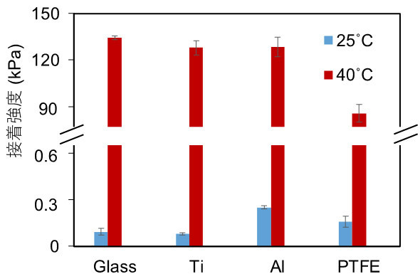 どんな基板でも、25度だと40度に比べて接着強度は極端に落ちる（東北大学の阿部博弥准教授提供）
