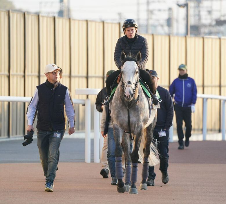 ライアン・ムーアを鞍上に調教にむかうチャリン（左はロジャー・ヴェリアン調教師）＝京都競馬場（撮影・榎本雅弘）