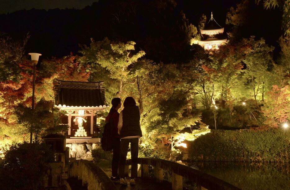 紅葉の名所として知られる永観堂禅林寺で行われた、夜の特別拝観「もみじのライトアップ」の試験点灯＝6日夜、京都市