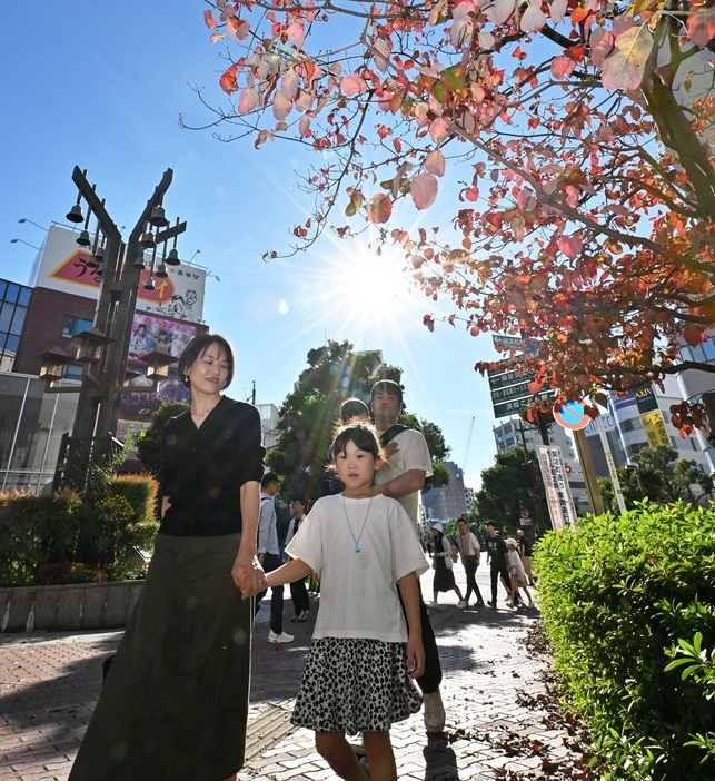 強い日差しの中、半袖姿で歩く家族連れ＝17日午後1時45分、浜松市中央区