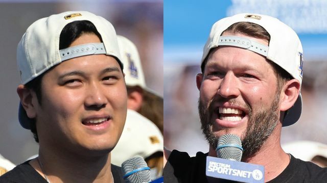 ワールドチャンピオンになったドジャースの大谷翔平選手とクレイトン・カーショー投手(写真：USA TODAY Sports/ロイター/アフロ)(写真：アフロ)