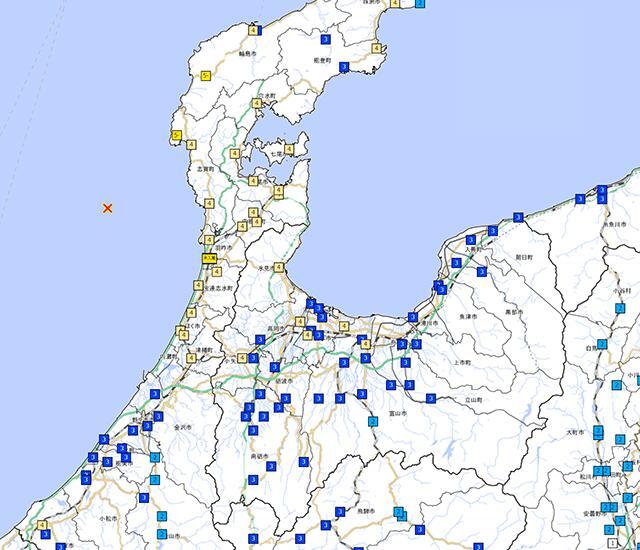 ２６日夜に発生した地震による富山県内などの震度（気象庁のホームぺージより）