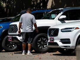 <p>A customer looks at vehicles for sale </p>