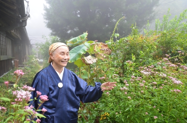 秋の花に囲まれる住職