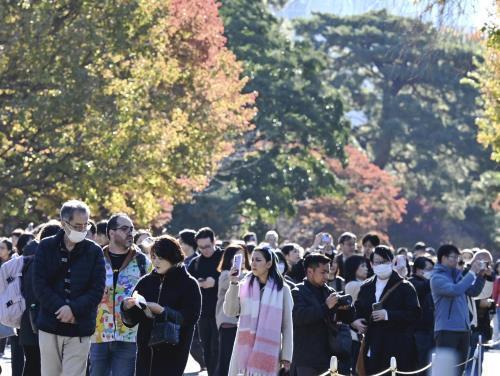 一般公開された皇居の乾通りで紅葉を楽しむ人たち（３０日午前、東京都千代田区で）＝西孝高撮影