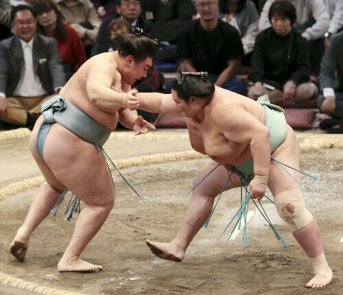 欧勝馬（左）を押し倒しで下した琴桜（１８日）＝長野浩一撮影