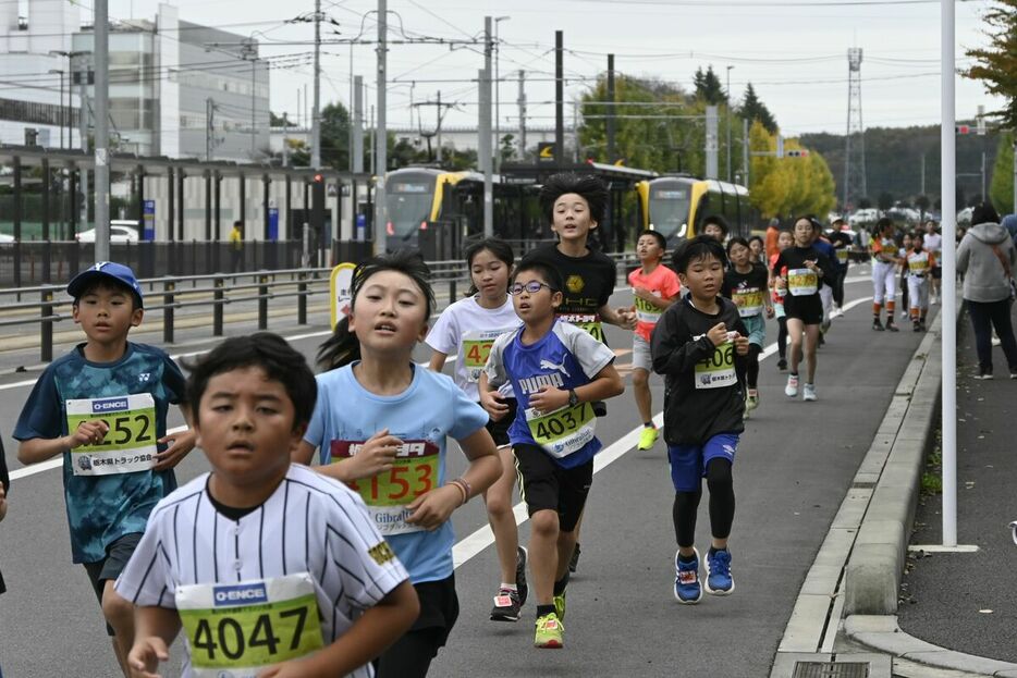 ＬＲＴ沿線を力走するランナーたち