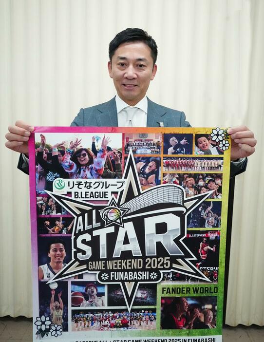 来年1月に船橋市で行われるBリーグオールスターゲームをPRする島田チェアマン＝千葉日報社